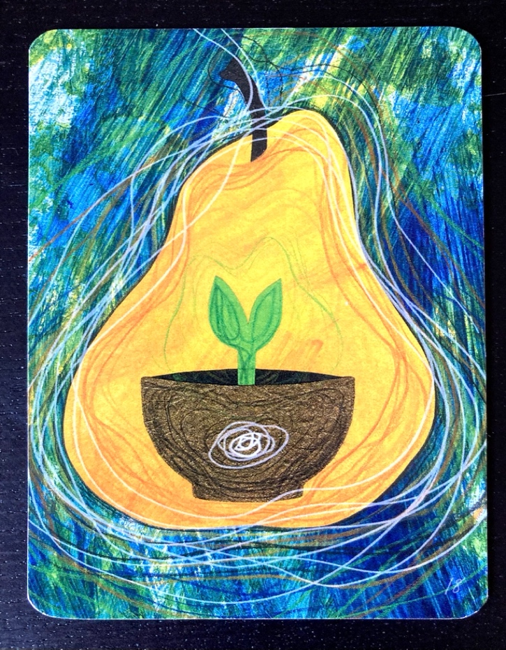 &ldquo;Faith&rdquo; by Melanie Weidner - a seedling growing in a bowl held within a pear.